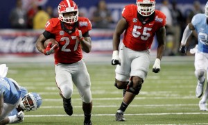 September 3 2016: Georgia Bulldogs running back Nick Chubb (27) breaks thru the line on his way to the end zone for a late fourth quarter touchdown. The Georgia Bulldogs defeated the North Carolina Tar Heels 33-24 at the Chick fil A Kickoff game at the Georgia Dome in Atlanta, Georgia.(photo by Charles Mitchell/Icon Sportswire)